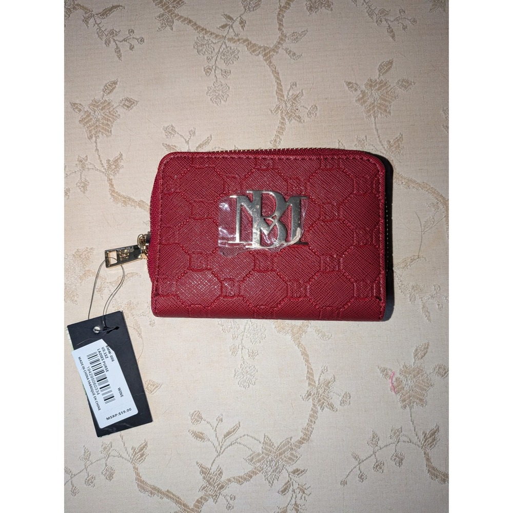Badgley Mischka Wine Red Embossed Logo Bifold Zip Around Wallet NWT